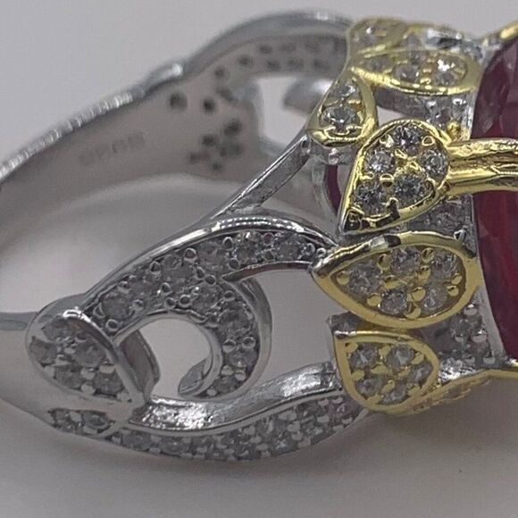 Ring, NWOT, solid 925 sterling silver, 18 k gold accents, lab ruby sz 7 - Picture 6 of 15